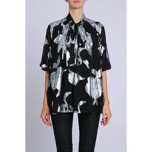 NEW BEULAHSTYLE foiled floral bowtie blouse with belt in black/silver